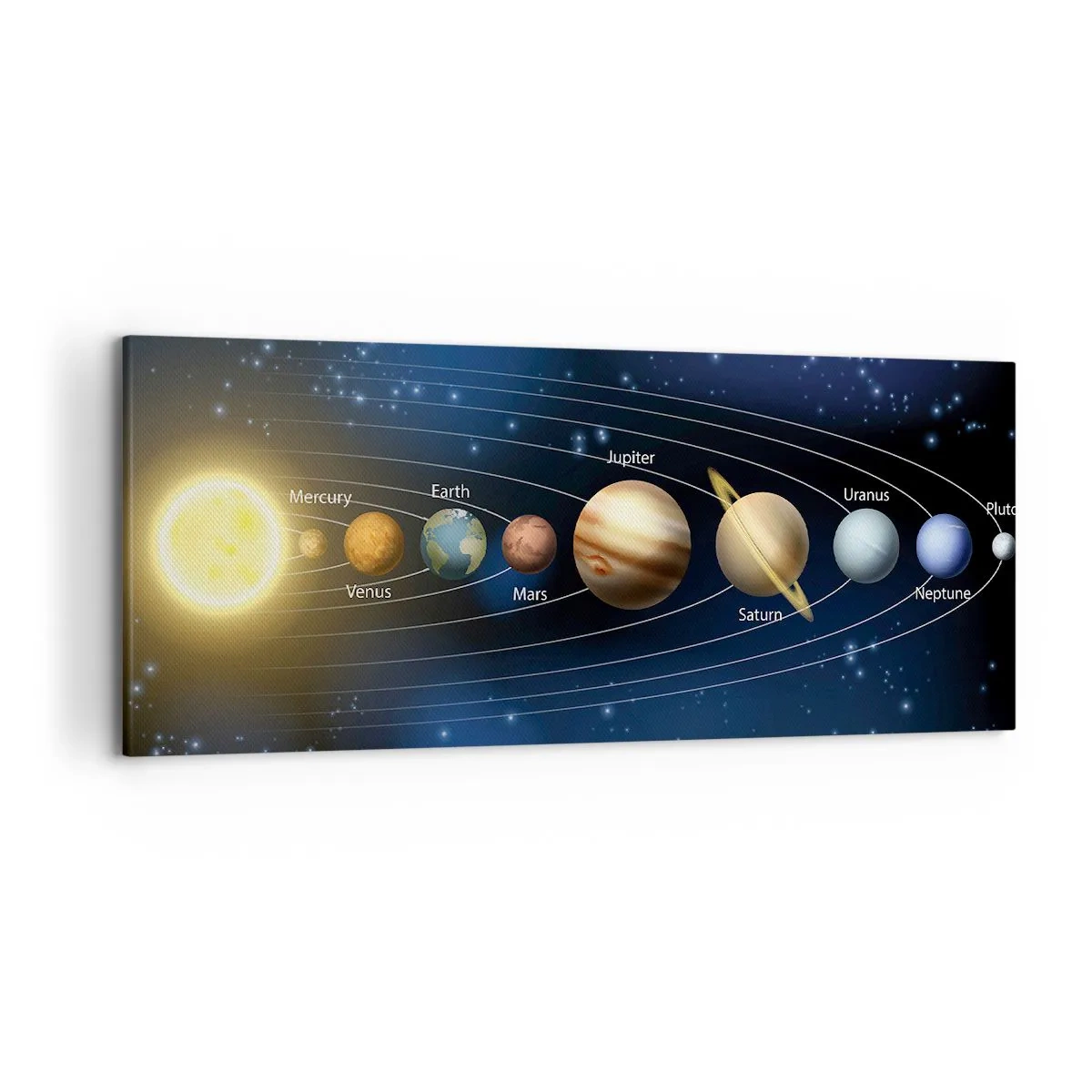 Impression sur toile - Image sur toile - Schéma du système solaire avec les planètes et le soleil - 120x50cm - L'une des dix - Décoration murale moderne pour le salon et la chambre ARTTOR