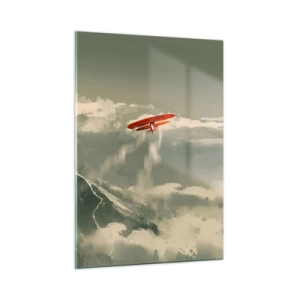 Impression sur verre - Image sur verre - Un avion rouge survolant des montagnes enneigées - 50x70cm - Pionnier intrépide - Décoration murale moderne pour le salon et la chambre ARTTOR