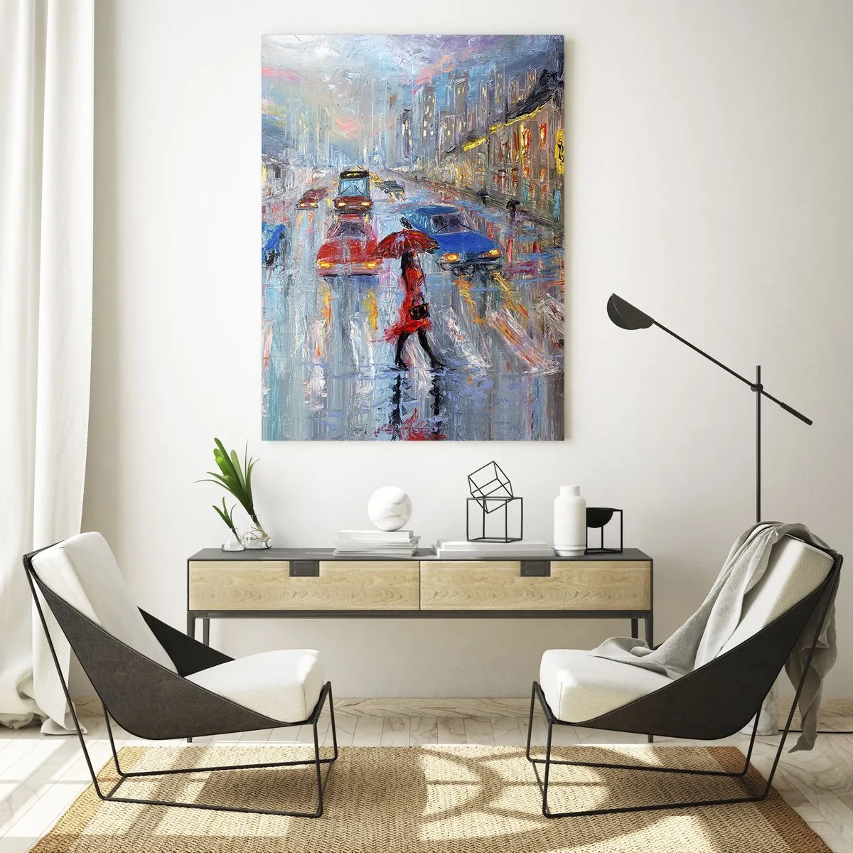 Impression sur verre - Image sur verre - Une femme avec un parapluie dans une rue pluvieuse à la lumière du néon. - 80x120cm - Après-midi pluvieux en ville - Décoration murale moderne pour le salon et la chambre ARTTOR