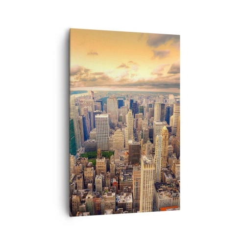 Impression sur toile - Image sur toile - Panorama de la ville avec vue sur les gratte-ciels au coucher du soleil - 80x120cm - Métropole dorée - Décoration murale moderne pour le salon et la chambre ARTTOR