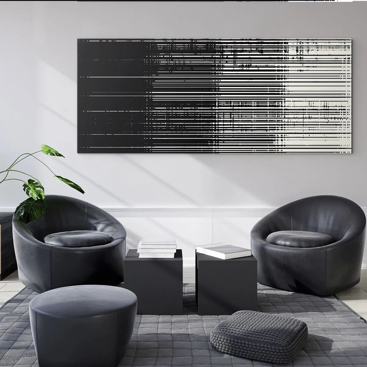 Impression sur verre - Image sur verre - Composition abstraite de lignes en noir et blanc contrastés - 120x50cm - Ondes et vibrations - Décoration murale moderne pour le salon et la chambre ARTTOR