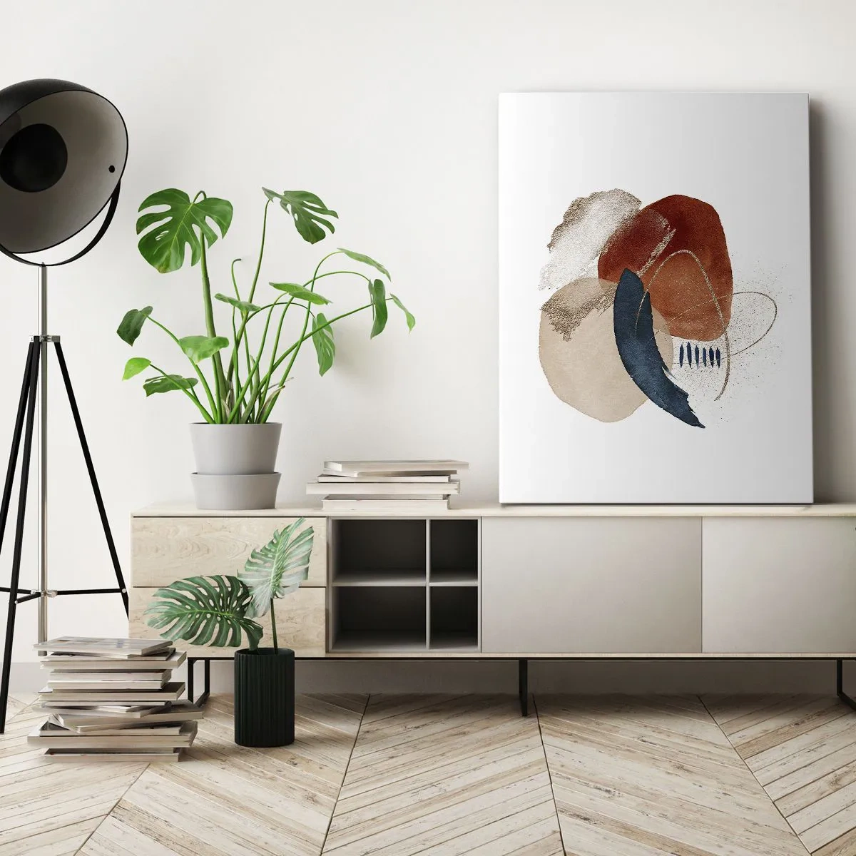 Impression sur toile - Image sur toile - Une composition abstraite avec des taches dans des tons terreux et bleu marine. - 80x120cm - Composition ovale - Décoration murale moderne pour le salon et la chambre ARTTOR