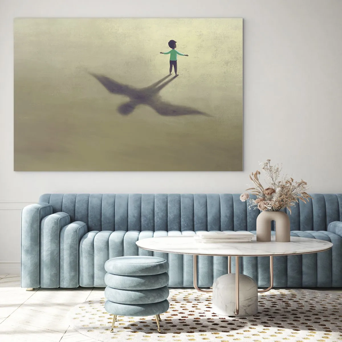 Impression sur verre - Image sur verre - Un garçon avec une ombre en forme d'oiseau sur un fond beige - 120x80cm - Héros du futur - Décoration murale moderne pour le salon et la chambre ARTTOR