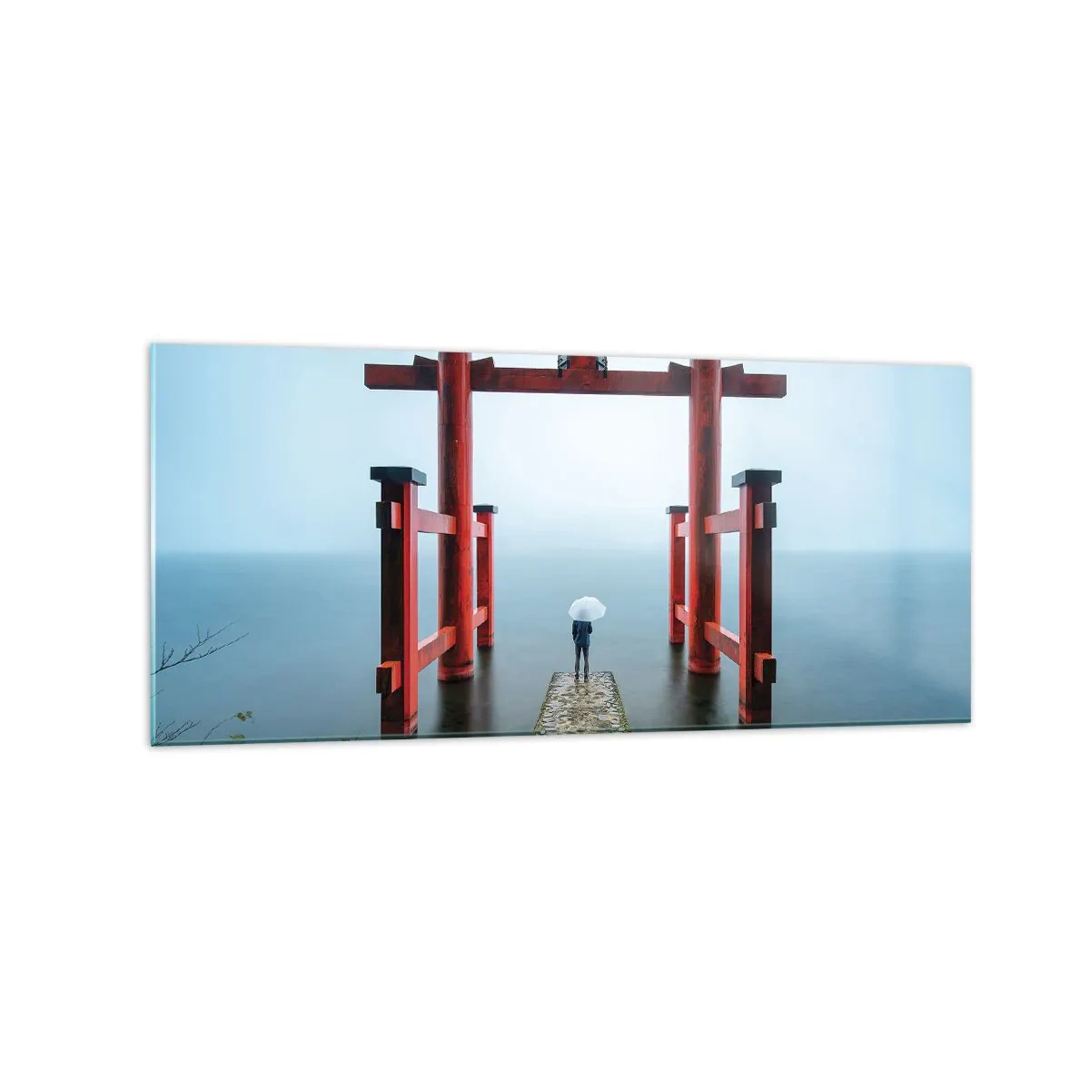 Impression sur verre - Image sur verre - Un portail torii surplombant un lac tranquille au Japon - 120x50cm - Rêverie japonnaise - Décoration murale moderne pour le salon et la chambre ARTTOR