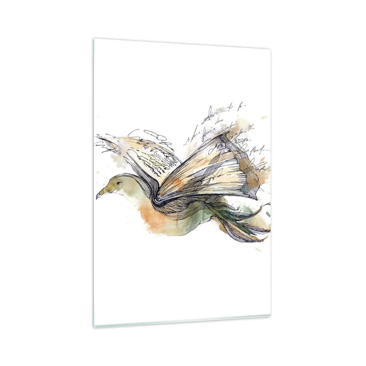 Impression sur verre - Image sur verre - Aquarelle artistique d'un oiseau avec un livre comme ailes - 80x120cm - Sur les ailes de la poésie - Décoration murale moderne pour le salon et la chambre ARTTOR