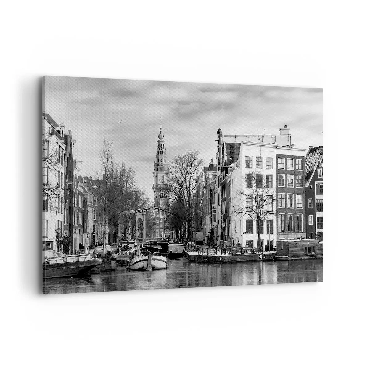 Impression sur toile - Image sur toile - Panorama noir et blanc d'Amsterdam avec canal et bâtiments historiques - 100x70cm - Climat d'Amsterdam - Décoration murale moderne pour le salon et la chambre ARTTOR