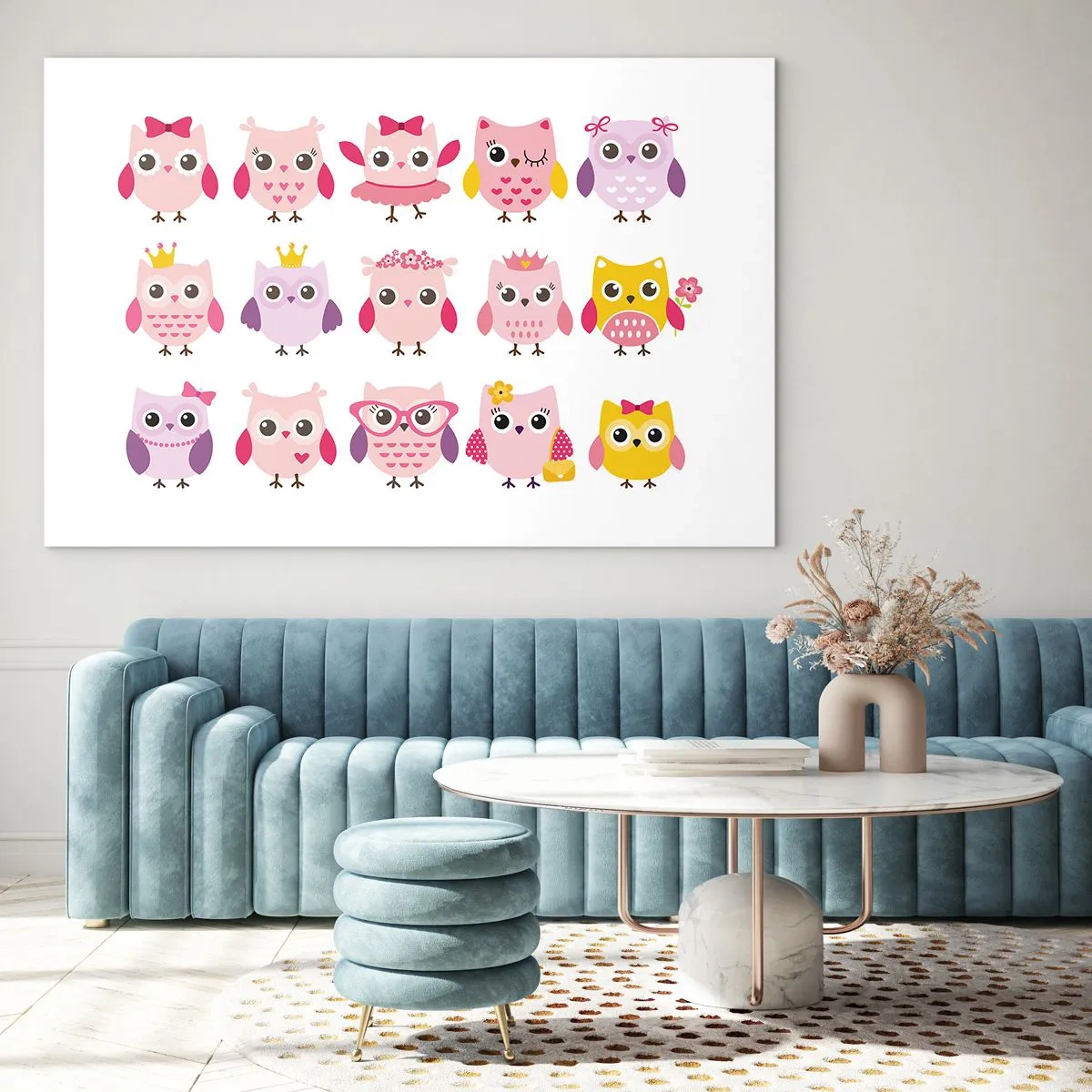 Impression sur verre - Image sur verre - Hiboux colorés aux motifs variés sur fond blanc - 120x80cm - L'un est plus doux que l'autre - Décoration murale moderne pour le salon et la chambre ARTTOR