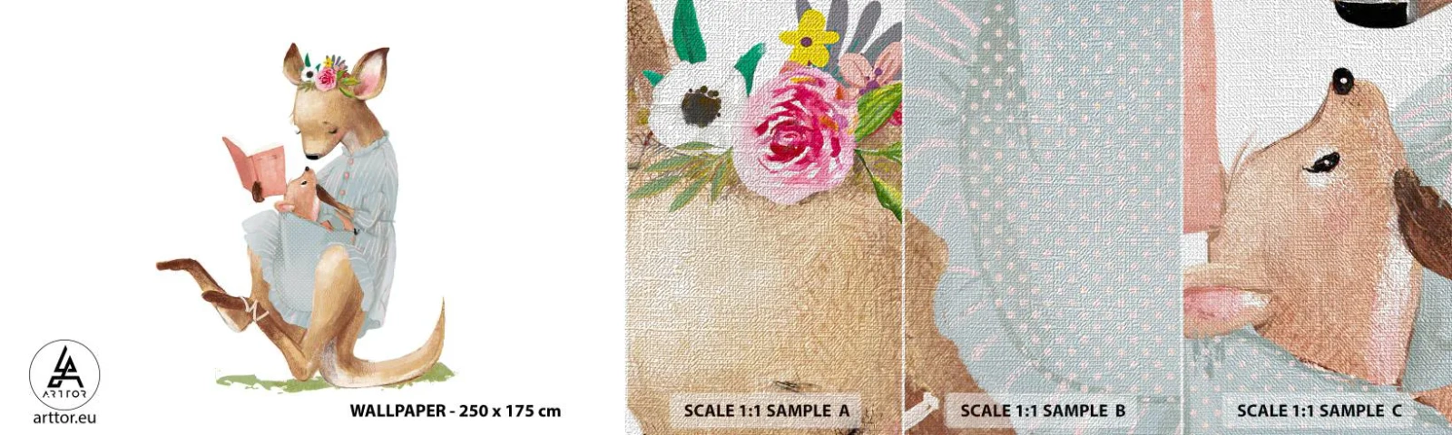 Échantillon de Papier Peint Premium Canvas - Lis-moi maman - Pour les enfants, Kangourou, Mère avec enfant - 100x30 cm