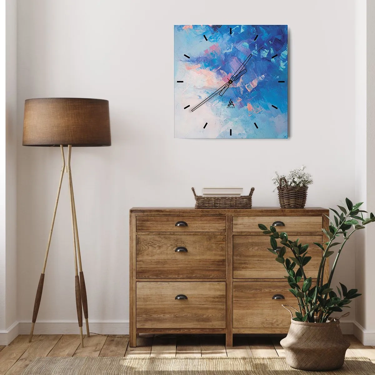 Horloge murale - Pendule murale - Composition abstraite dans les tons de bleu et de rose - 30x30cm - Abstraction hivernale - Décoration murale moderne pour le salon et la chambre ARTTOR