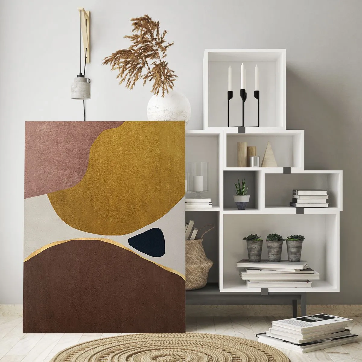 Impression sur verre - Image sur verre - Une composition abstraite avec des formes géométriques aux couleurs chaudes. - 80x120cm - L'abstraction – une place dans l'espace - Décoration murale moderne pour le salon et la chambre ARTTOR