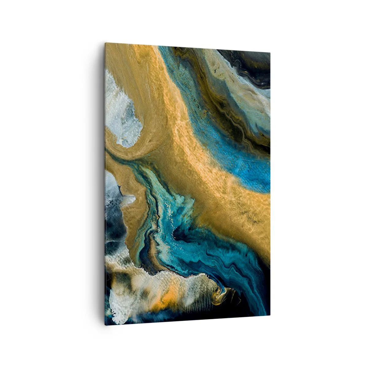 Impression sur toile - Image sur toile - Vagues abstraites dans des tons d'or et de bleu - 80x120cm - Bleu - jaune - influences mutuelles - Décoration murale moderne pour le salon et la chambre ARTTOR