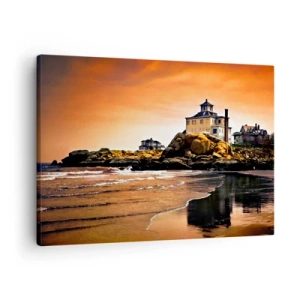 Impression sur toile - Image sur toile - Une maison sur un rocher près de la plage au coucher du soleil avec son reflet dans l'eau - 70x50cm - L'élégance de la côte ouest - Décoration murale moderne pour le salon et la chambre ARTTOR
