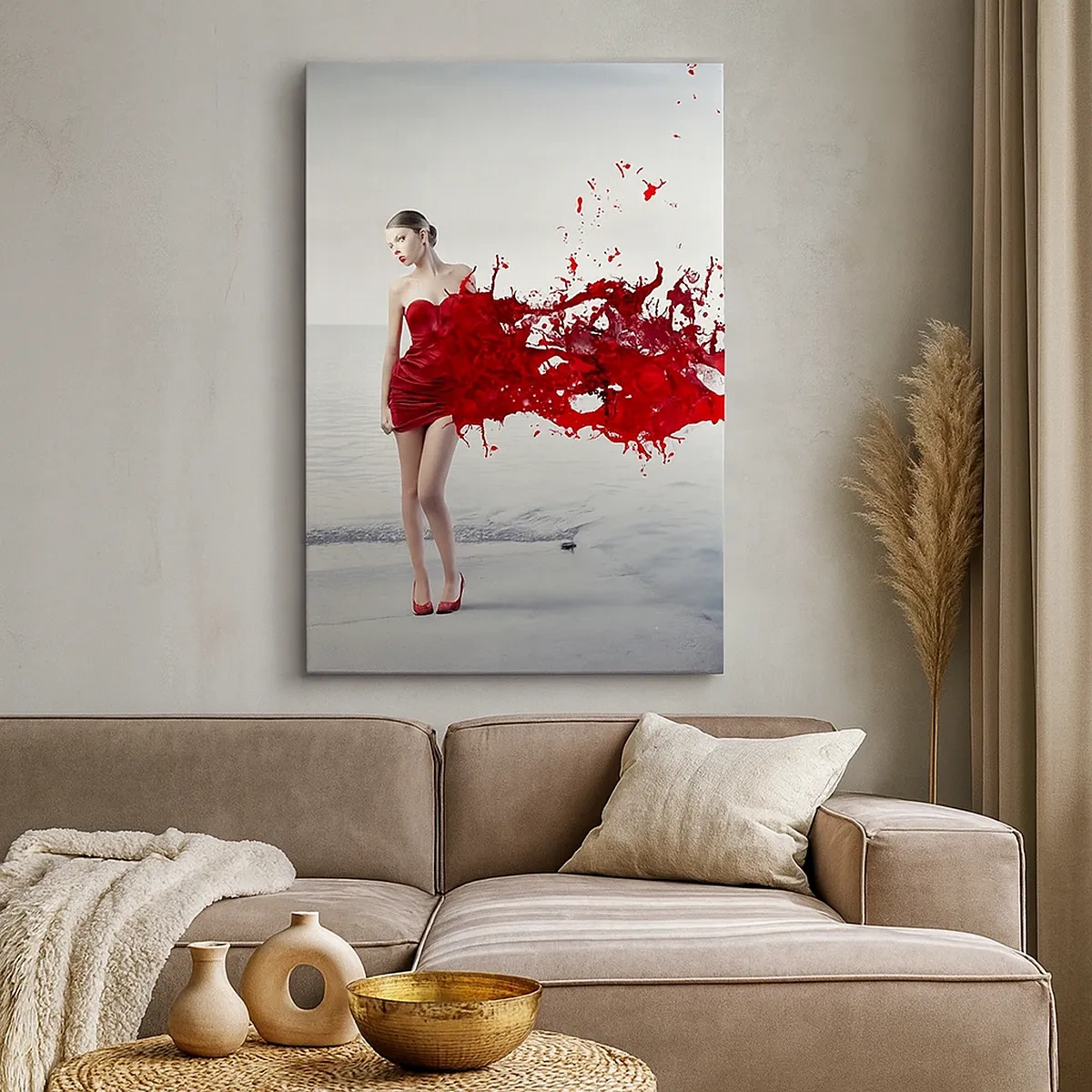 Impression sur toile - Image sur toile - Une femme en robe rouge dans une composition artistique au bord de l'eau - 50x70cm - Passionné comme l'écarlate - Décoration murale moderne pour le salon et la chambre ARTTOR
