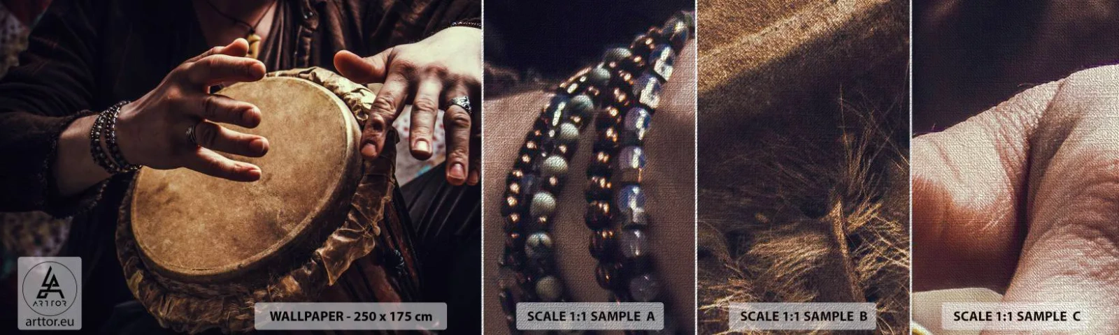 Échantillon de Papier Peint Premium Canvas - Au rythme du coeur - Jeu de batterie, Afrique, Musique - 100x30 cm