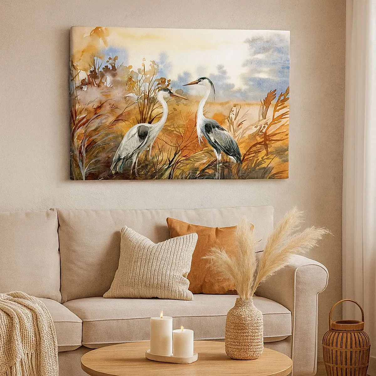 Impression sur toile - Image sur toile - Deux hérons sur fond de paysage d'automne - 70x50cm - Jusqu'où en automne ? - Décoration murale moderne pour le salon et la chambre ARTTOR