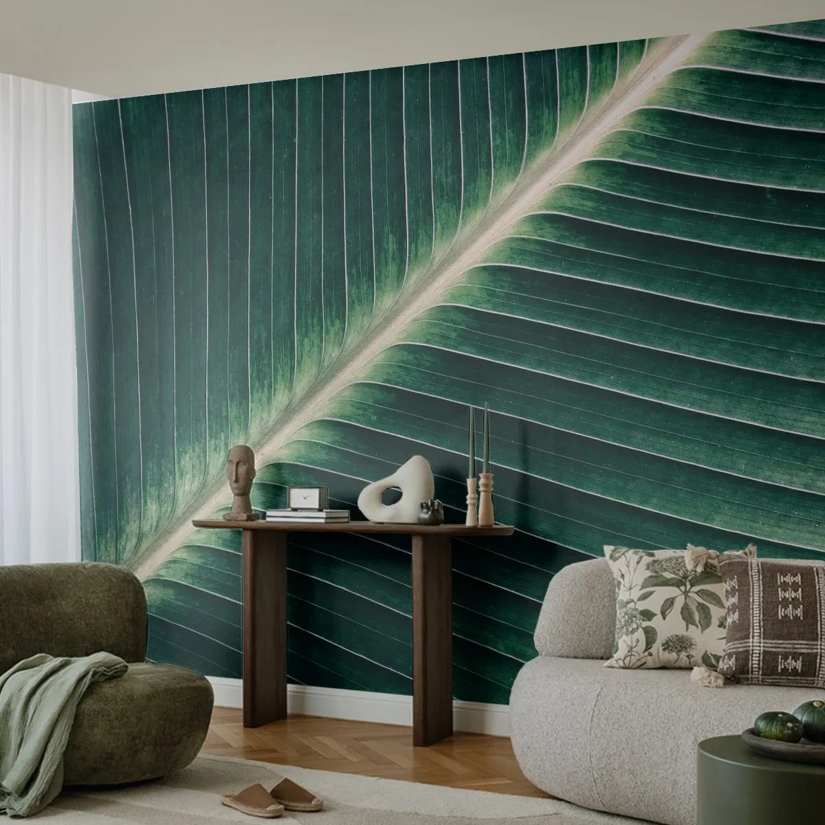 Papier Peint Photo Premium Canvas - Le rythme de la nature - Abstraction, Feuille verte, Graphique - 300x210 cm