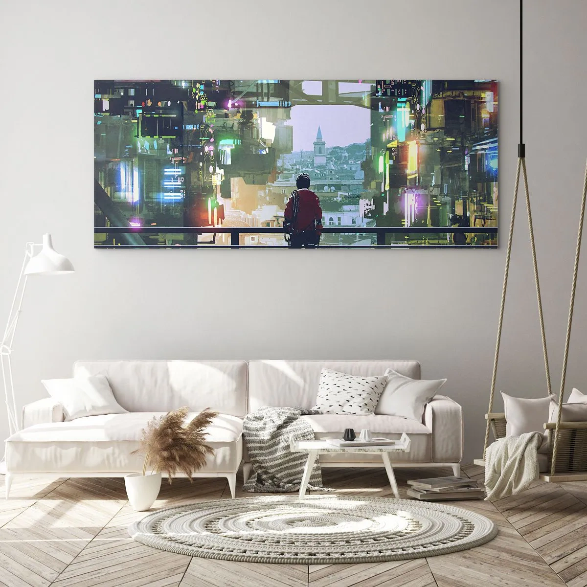 Impression sur verre - Image sur verre - Une silhouette dans une ville futuriste avec des néons - 160x50cm - Deux mondes - Décoration murale moderne pour le salon et la chambre ARTTOR