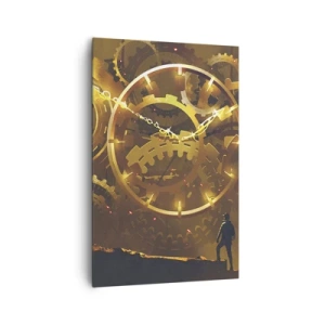 Impression sur toile - Image sur toile - Engrenages dorés dans un décor surréaliste avec une figurine - 80x120cm - À la source du temps - Décoration murale moderne pour le salon et la chambre ARTTOR