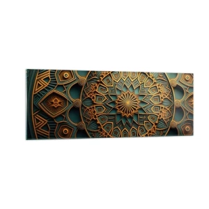 Impression sur verre - Image sur verre - Un mandala doré sur fond turquoise avec des détails riches. - 140x50cm - Dans une ambiance arabe - Décoration murale moderne pour le salon et la chambre ARTTOR