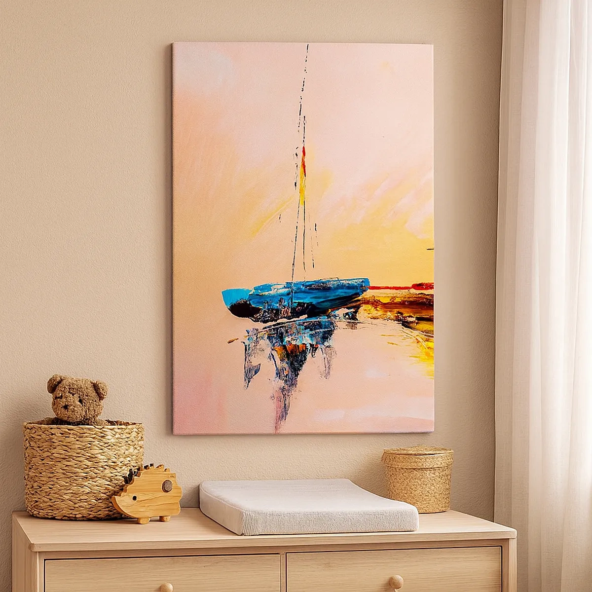 Impression sur toile - Image sur toile - Bateaux colorés sur une eau calme au coucher du soleil - 50x70cm - Soirée à la marina - Décoration murale moderne pour le salon et la chambre ARTTOR