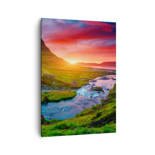 Impression sur toile - Image sur toile - Cascade pittoresque et montagne au coucher du soleil - 50x70cm - Islande - feu et eau - Décoration murale moderne pour le salon et la chambre ARTTOR