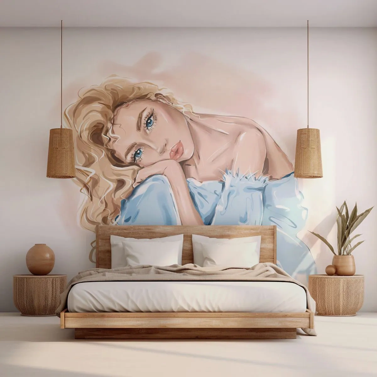 Papier Peint Photo Premium Sand - Illustration d'une femme en robe bleue avec des cheveux blonds - 100x70cm - Rêveuse en bleu - Décoration murale moderne pour le salon et la chambre ARTTOR