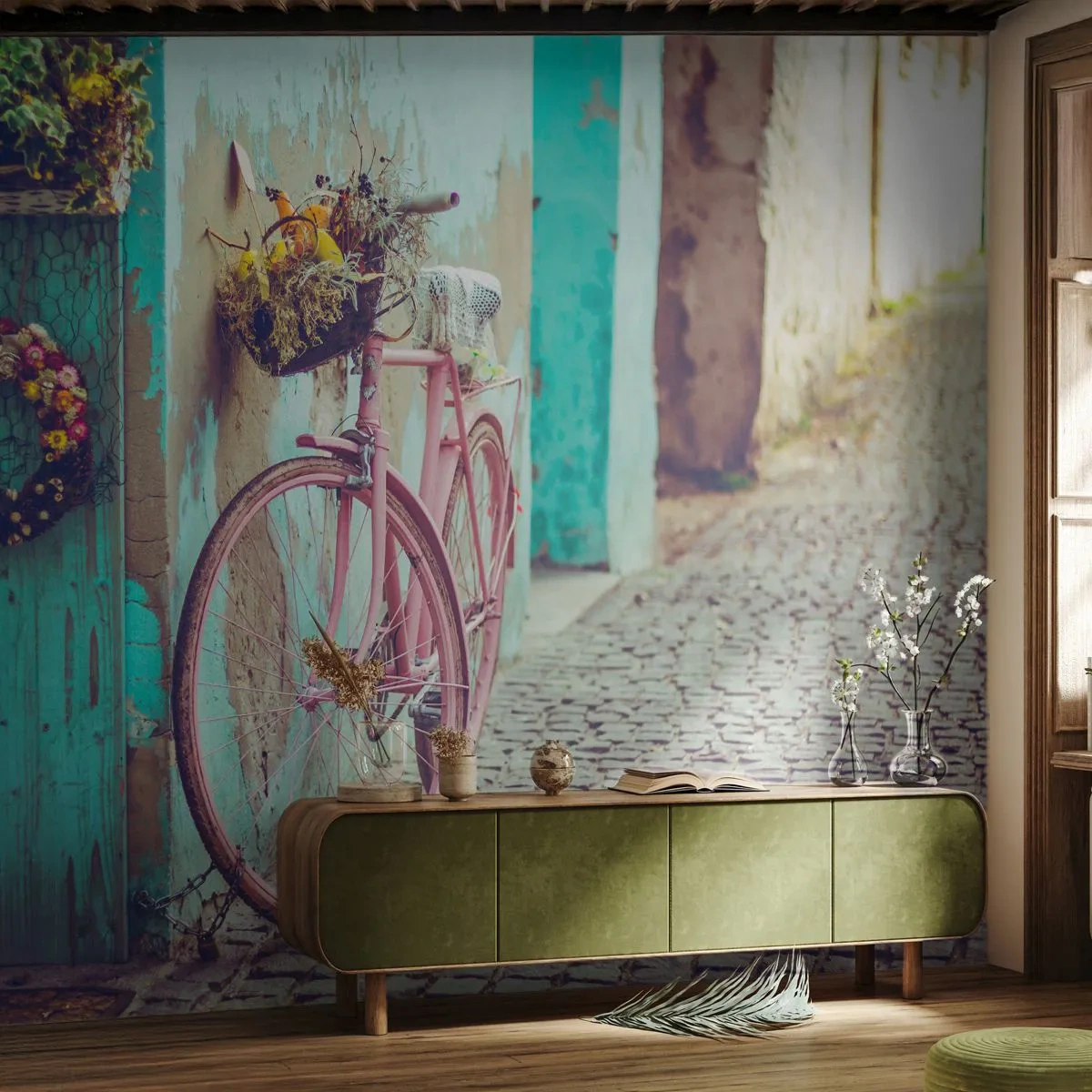 Papier Peint Photo Premium Sand - Un vélo rose est attaché à un mur turquoise. - 100x70cm - Je reviens tout de suite - Décoration murale moderne pour le salon et la chambre ARTTOR