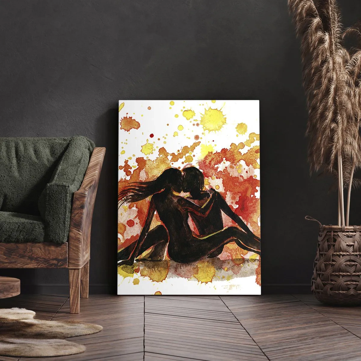 Impression sur toile - Image sur toile - Une aquarelle romantique de deux personnes aux couleurs chaudes. - 50x70cm - Et la lumière fut - Décoration murale moderne pour le salon et la chambre ARTTOR