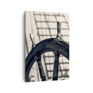 Impression sur toile - Image sur toile - Un gouvernail de style rétro avec un navire en arrière-plan - 70x100cm - Histoires de mer - Décoration murale moderne pour le salon et la chambre ARTTOR