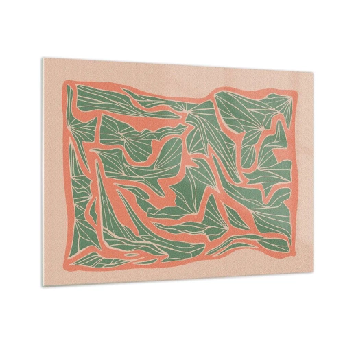 Impression sur verre - Image sur verre - Formes feuillues vertes entourées d'un cadre corail sur fond beige - 70x50cm - La lutte entre le corail et la verdure - Décoration murale moderne pour le salon et la chambre ARTTOR