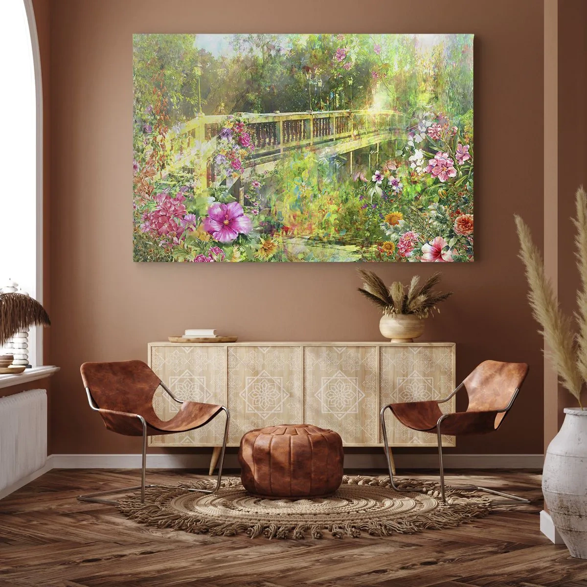 Impression sur toile - Image sur toile - Un pont entouré d'une végétation luxuriante et de fleurs - 70x50cm - Le soupire d'un pont de printemps - Décoration murale moderne pour le salon et la chambre ARTTOR