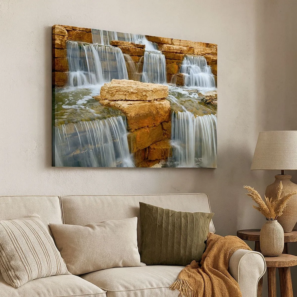 Impression sur toile - Image sur toile - Une cascade qui coule sur des marches de pierre - 70x50cm - Escalier vers le ciel - Décoration murale moderne pour le salon et la chambre ARTTOR