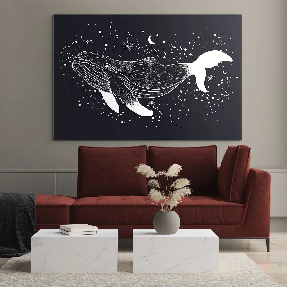 Impression sur verre - Image sur verre - Silhouette blanche graphique d'une baleine flottant dans l'espace - 120x80cm - Dans l'océan de l'univers - Décoration murale moderne pour le salon et la chambre ARTTOR