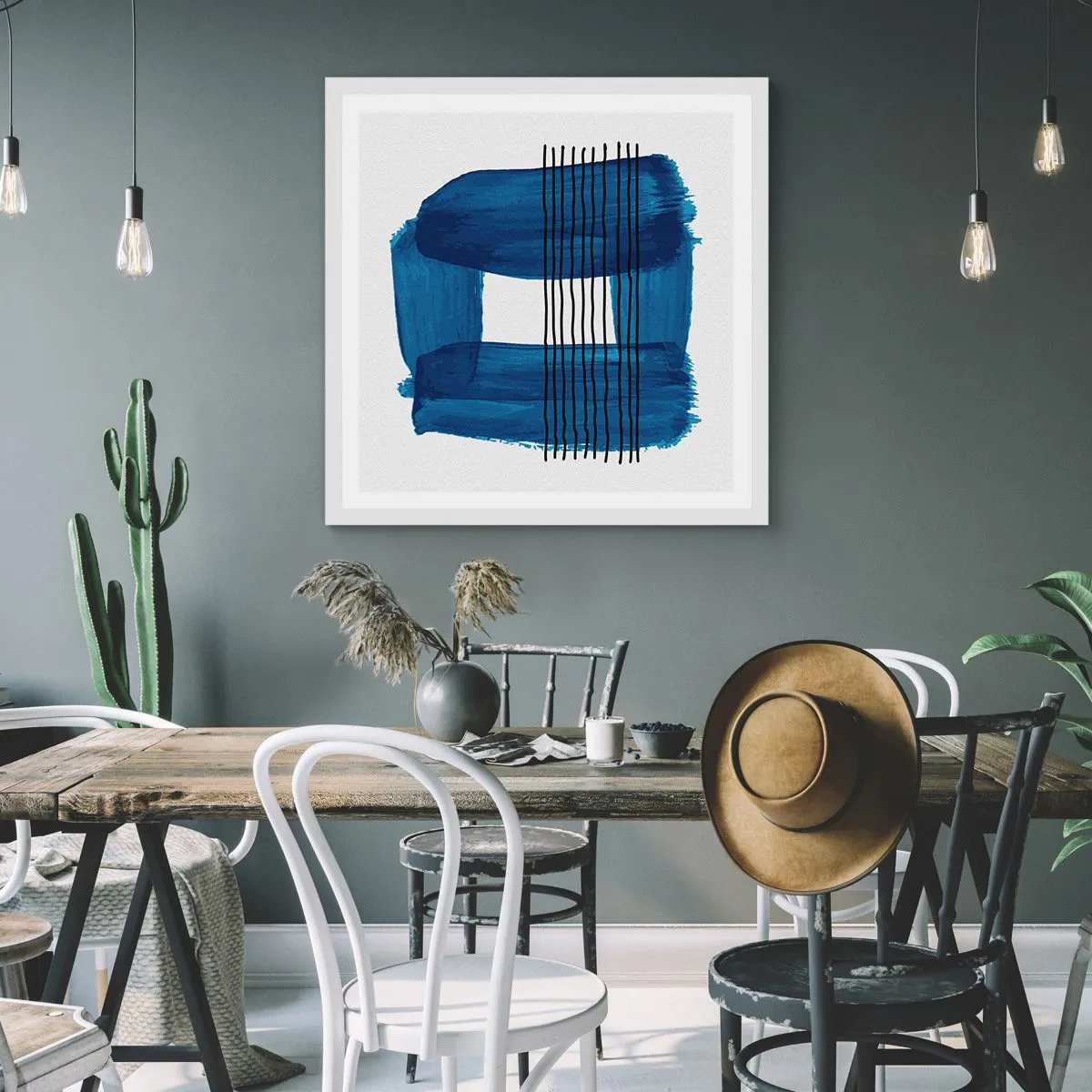 Affiche dans un cadre blanc - Poster - Composition noire-bleue - 60x60 cm