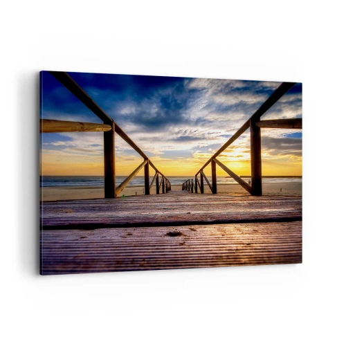 Impression sur toile - Image sur toile - Jetée en bois menant à la plage au coucher du soleil - 100x70cm - Directement sur une plage calme au coucher de soleil - Décoration murale moderne pour le salon et la chambre ARTTOR