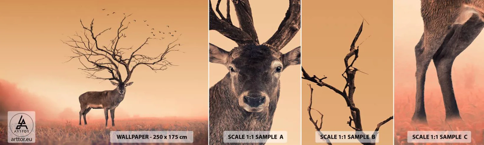 Échantillon de Papier Peint Autocollant Deluxe Sticker - Cerf de Pra - l'esprit éternel de la forêt - Abstraction, Cerf, Nature - 100x30 cm