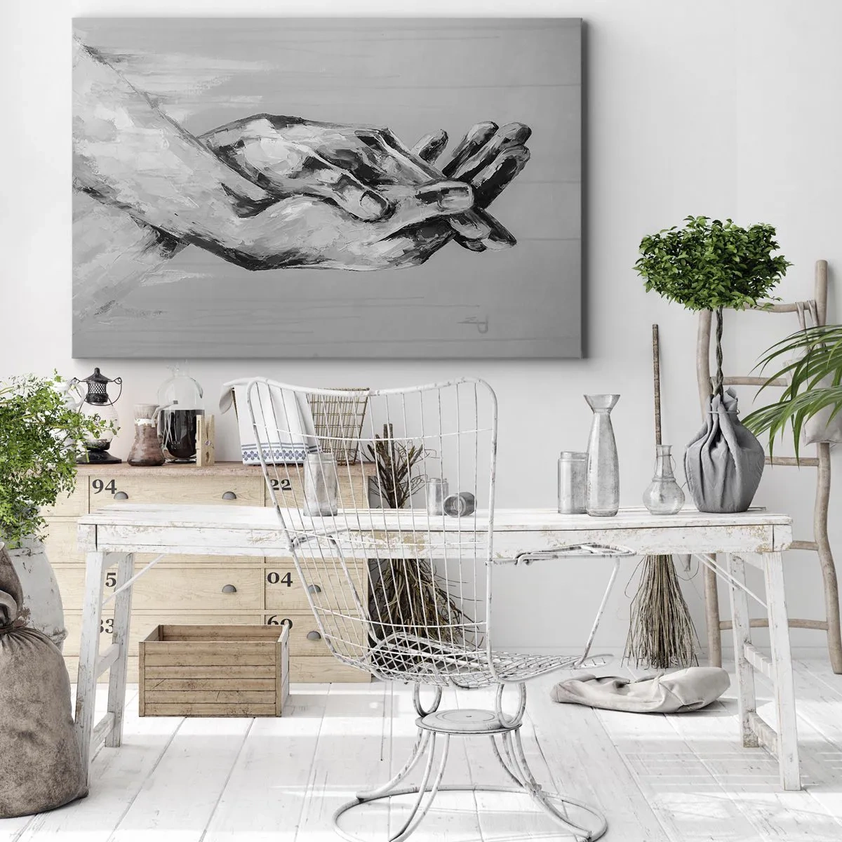 Impression sur toile - Image sur toile - Une composition en noir et blanc de deux mains jointes sur un fond clair. - 120x80cm - Début... - Décoration murale moderne pour le salon et la chambre ARTTOR