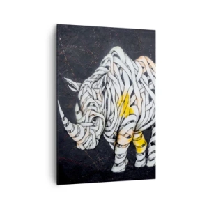 Impression sur toile - Image sur toile - Un rhinocéros sculpté avec des rayures abstraites sur un fond sombre. - 70x100cm - La peau épaisse est un mythe - Décoration murale moderne pour le salon et la chambre ARTTOR
