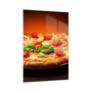 Impression sur verre - Image sur verre - Pizza aux tomates, basilic et fromage fondu - 50x70cm - Mamma mia! - Décoration murale moderne pour le salon et la chambre ARTTOR