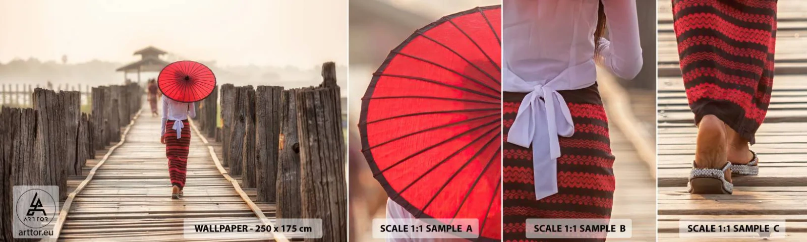 Échantillon De Papier Peint Standard Eco - Sur le vieux pont - Parapluie, Birmanie, Pont de bois - 100x30 cm