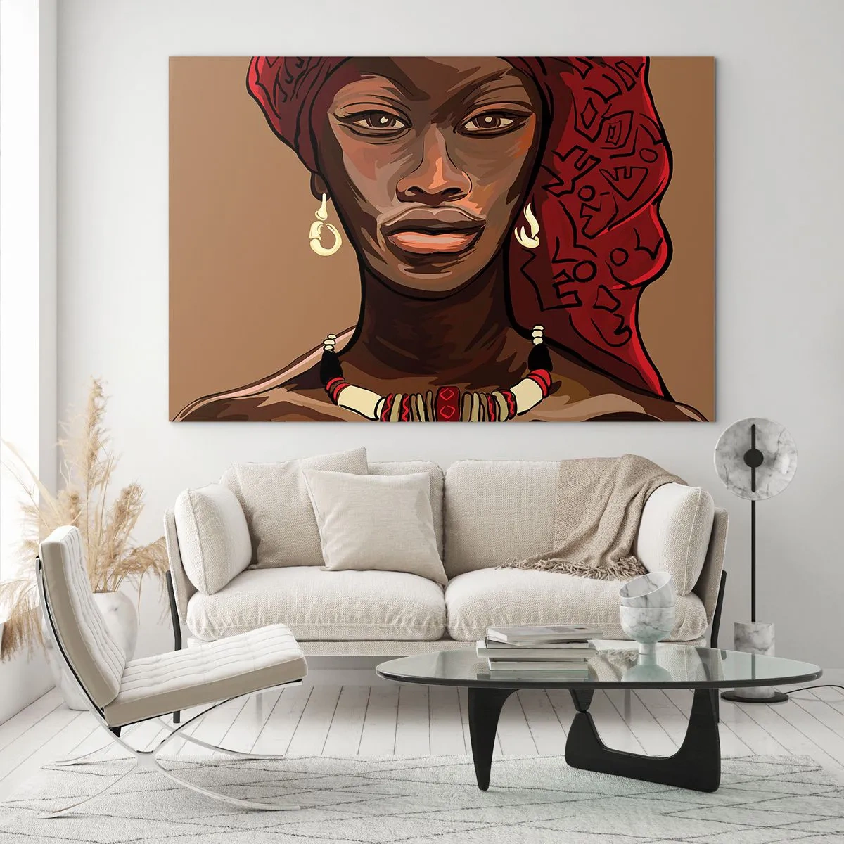 Impression sur verre - Image sur verre - Portrait stylisé d'une femme au turban rouge avec des bijoux. - 70x50cm - Vénus d'ébène - Décoration murale moderne pour le salon et la chambre ARTTOR