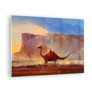 Impression sur verre - Image sur verre - Un paysage fantastique avec un cavalier sur une créature préhistorique - 70x50cm - S'ils n'avaient pas disparu - Décoration murale moderne pour le salon et la chambre ARTTOR