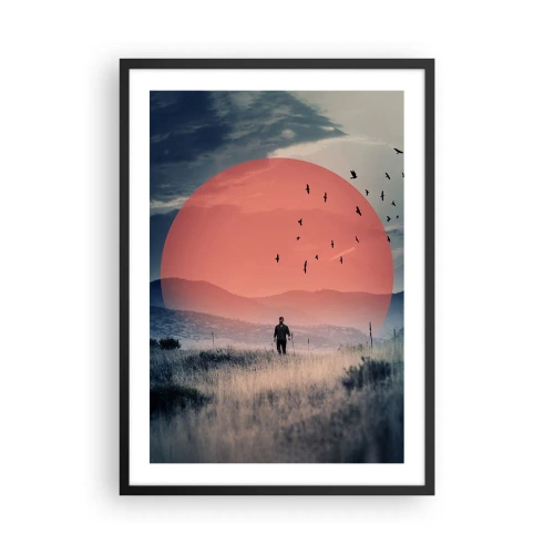 Affiche dans un cadre noir - Poster - Un homme marchant dans un champ sous un soleil rouge - 50x70cm - Dans ses éléments - Décoration murale moderne pour le salon et la chambre ARTTOR