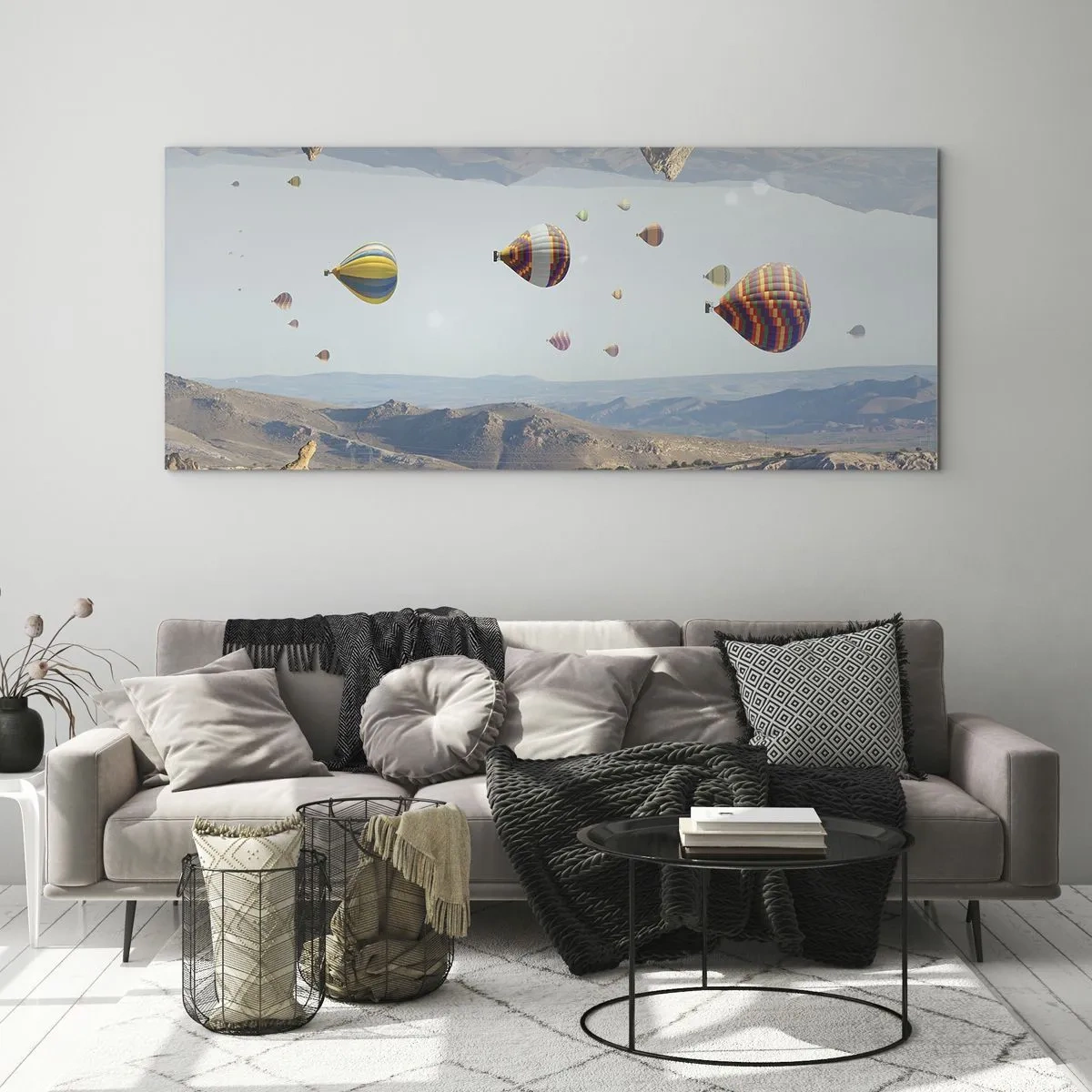 Impression sur verre - Image sur verre - Ballons colorés au-dessus d'un paysage rocheux - 140x50cm - Ici, tout est possible - Décoration murale moderne pour le salon et la chambre ARTTOR