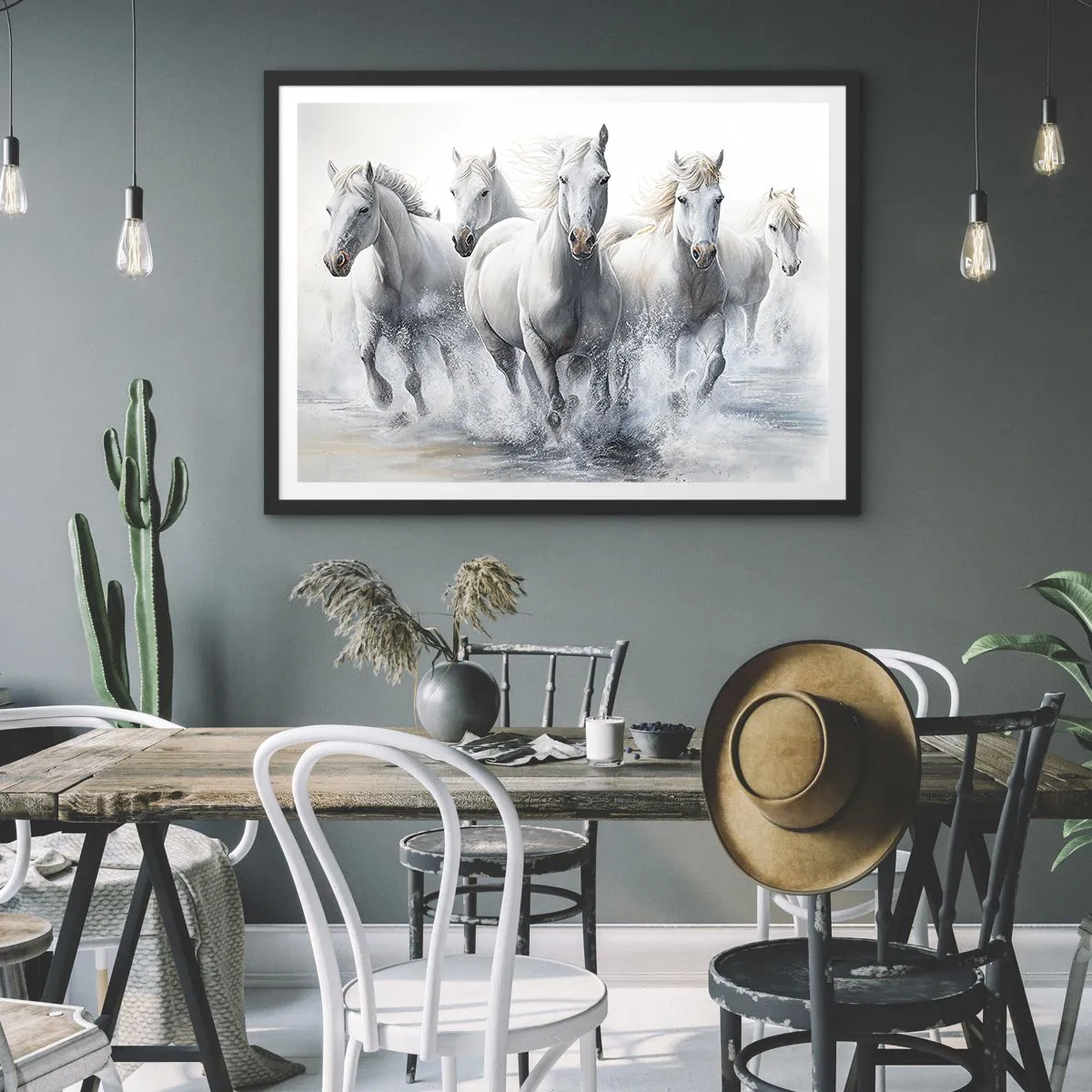 Affiche dans un cadre noir - Poster - Des chevaux blancs galopent dans l'eau - 70x50cm - Magie blanche - Décoration murale moderne pour le salon et la chambre ARTTOR