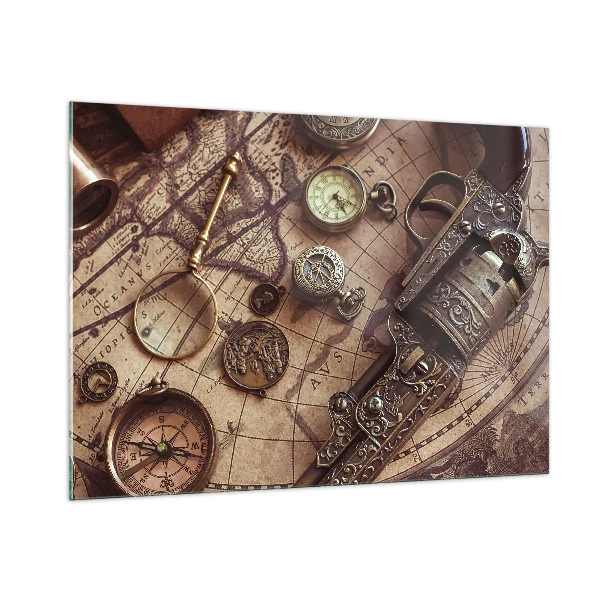 Impression sur verre - Image sur verre - Des objets anciens et une carte - 100x70cm - L'aventure appelle - Décoration murale moderne pour le salon et la chambre ARTTOR