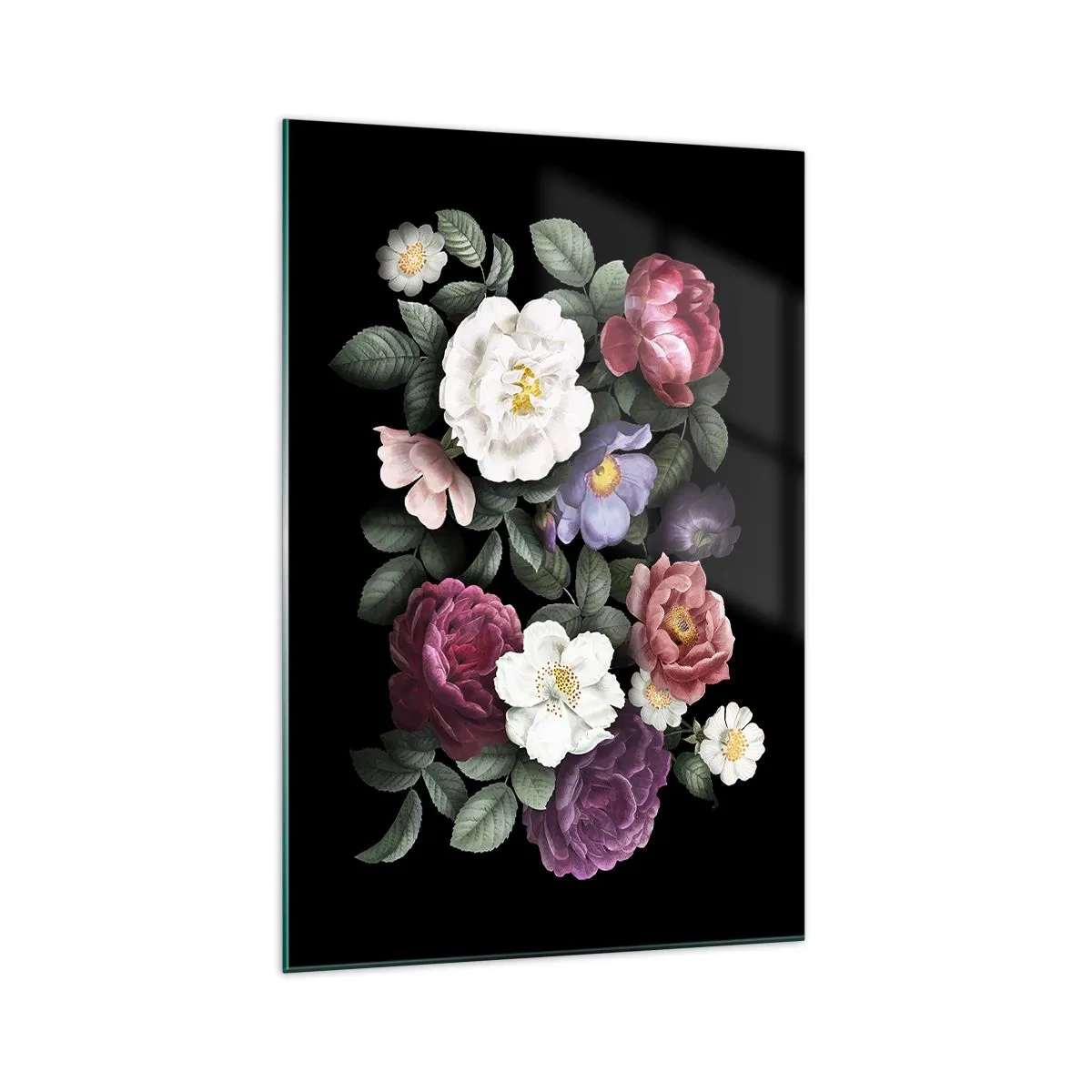 Impression sur verre - Image sur verre - Fleurs de différentes couleurs sur fond noir - 70x100cm - D'un jardin anglais - Décoration murale moderne pour le salon et la chambre ARTTOR