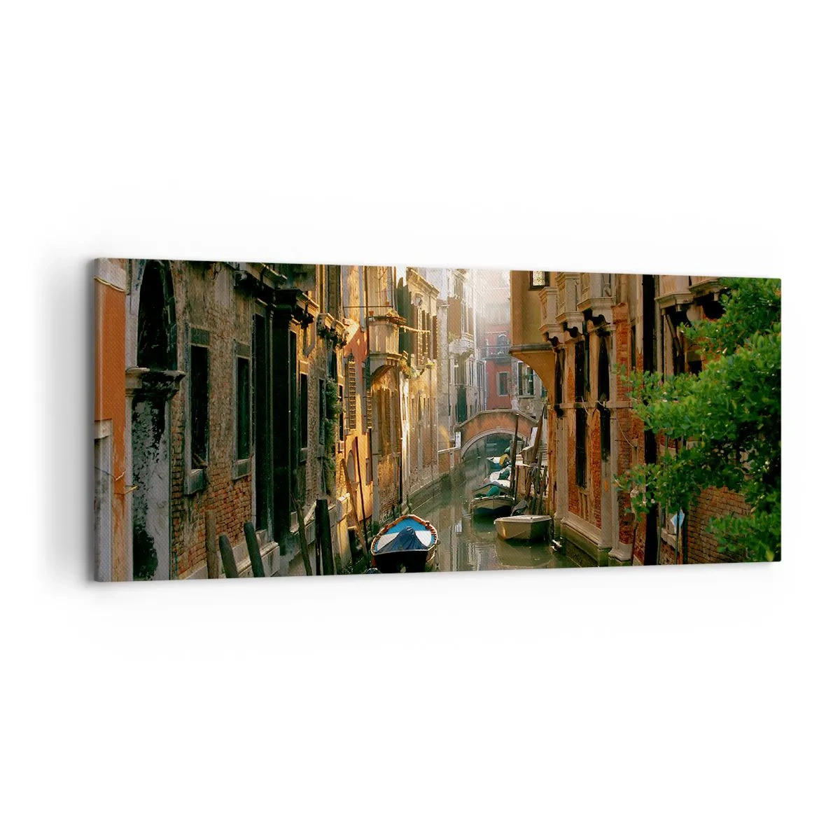 Impression sur toile - Image sur toile - Un canal pittoresque à Venise avec des bateaux et un pont - 120x50cm - Dans une ruelle vénitienne - Décoration murale moderne pour le salon et la chambre ARTTOR