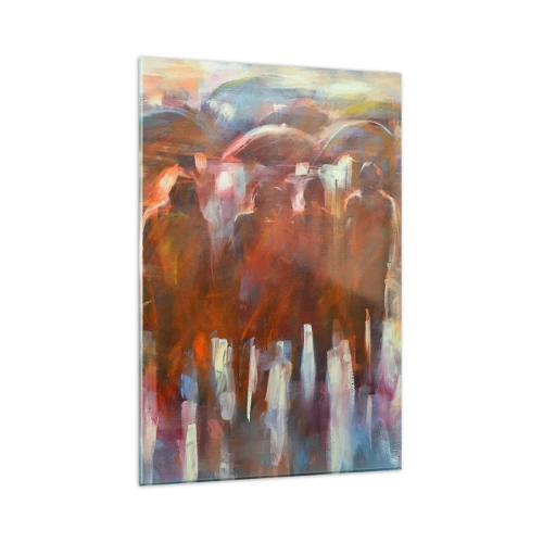 Impression sur verre - Image sur verre - Une foule de personnes avec des parapluies dans un décor pluvieux et artistique - 80x120cm - Identiques sous la pluie et dans le brouillard - Décoration murale moderne pour le salon et la chambre ARTTOR