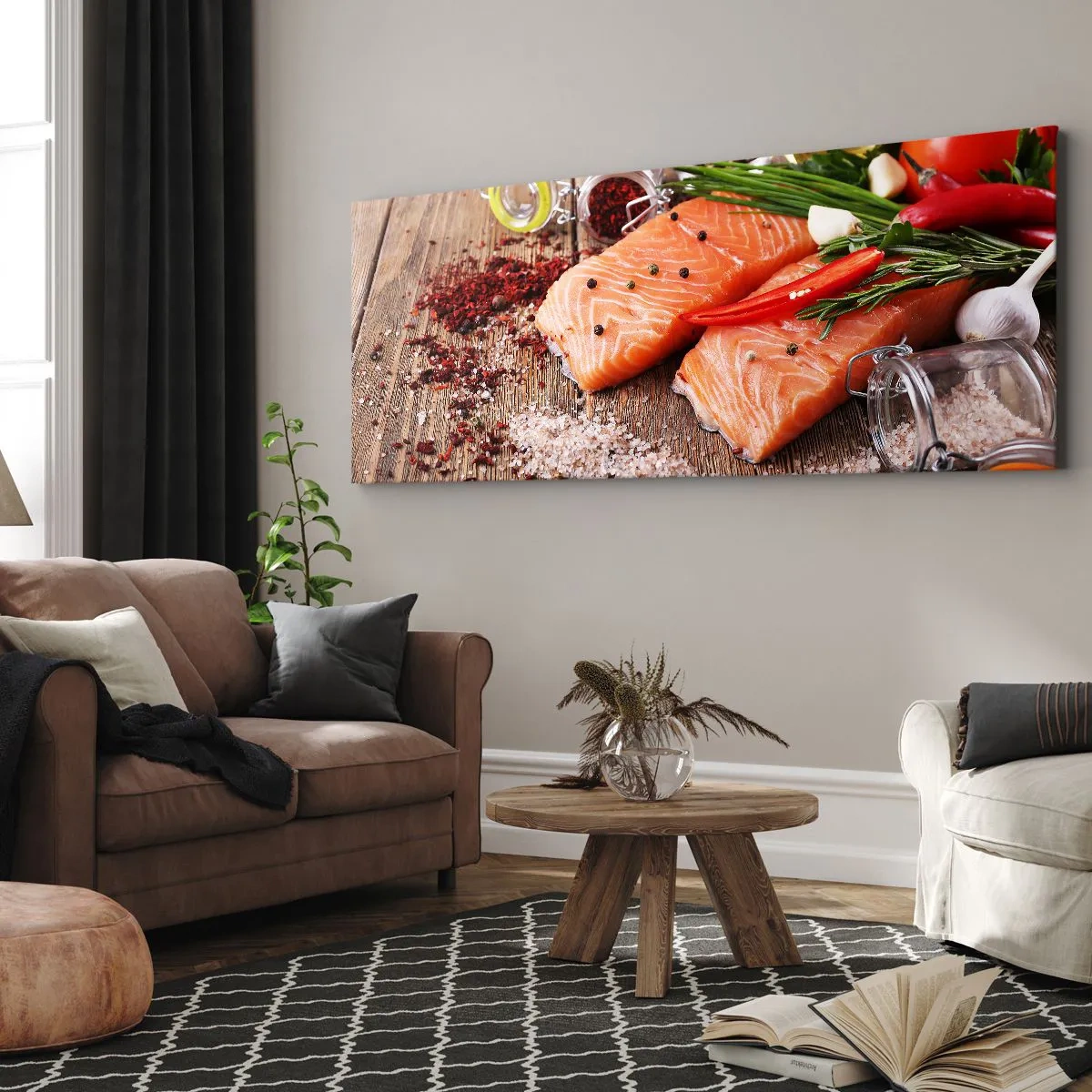 Impression sur toile - Image sur toile - Filets de saumon aux épices sur fond de bois - 140x50cm - Aventure norvégienne dans la cuisine - Décoration murale moderne pour le salon et la chambre ARTTOR